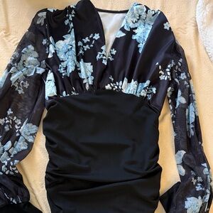 Black Top with Light Blue Floral Mesh Sleeves